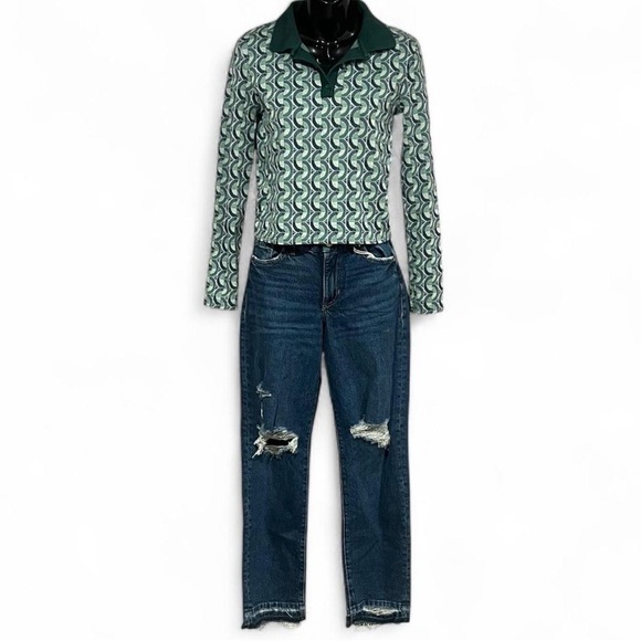 Zara Green Geometric Long Sleeve Blouse - Picture 2 of 5